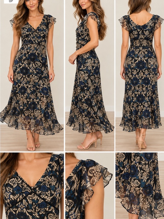LOFT Dresses & Skirts - LOFT Navy and Gold Floral Ruffle Midi Dress sz OP